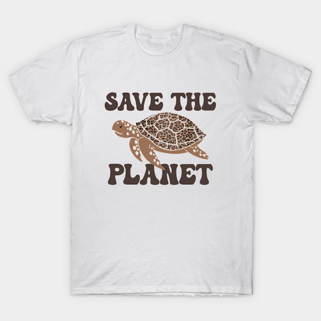 Earth Day Save The Planet Groovy Retro Turtle Leopard Print T-Shirt by Julorzo